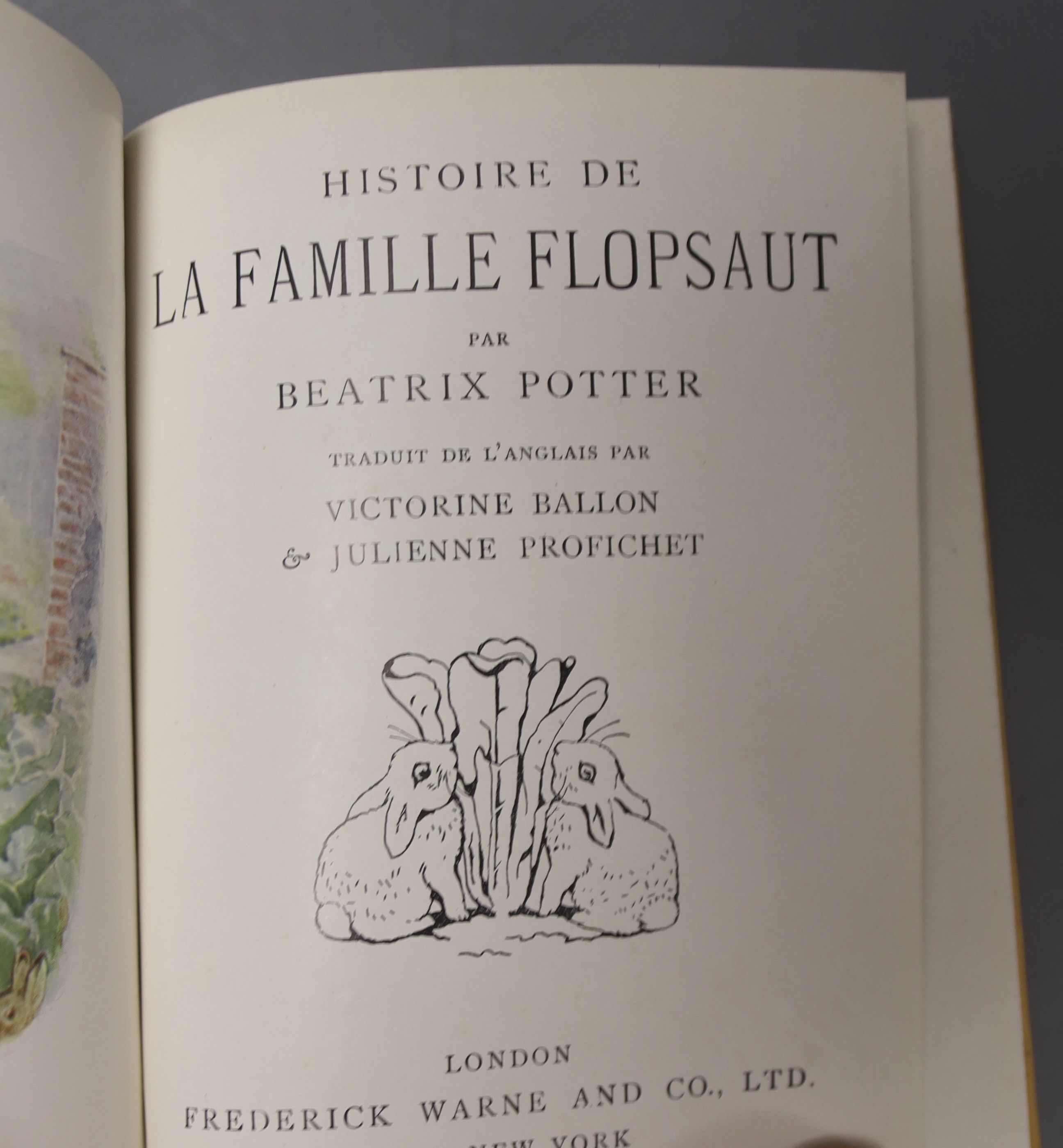 Potter, Beatrix, seven early foreign language editions, French 'La Famille Flopsaut', 'Sophie Canetang', Le Tailleur De Gloucester', 'Toto le Minet' and 'Noisy-Noisette together with German 'Die Geschichte Von Frau Tiggy
